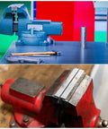 Two Pairs Five Inch Aluminum Vise Jaws With Magnetic V Type Soft Rubber Pads in workshop setting with red and blue vises.