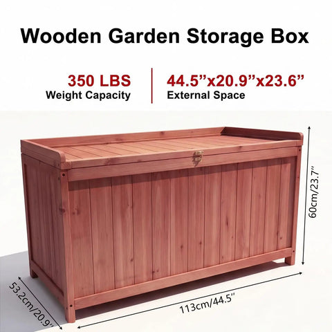 75 Gallon Wood Deck Box Outdoor Storage Bench For Patio Cushions Pillows Garden Tools And Pool Accessories With Solid Wood Support And Large 44.5 Inch By 20.9 Inch By 23.6 Inch Dimensions