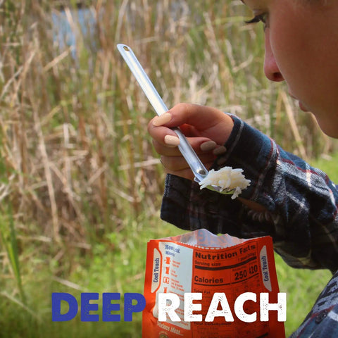 Person using 9.4 Inch Long Spork and Spoon Set for Camping and Hiking with Deep Reach Stainless Steel Utensil to eat from MRE