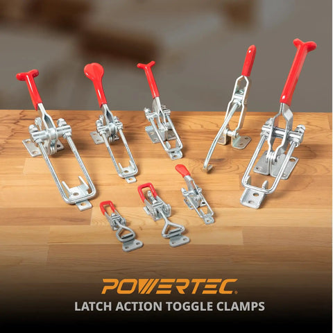 Heavy Duty Toggle Clamps 6 Pack Adjustable Pull Latch 400 Lbs Holding Force Professional Grade For Tool Boxes Woodworking Jigs Smokers Quick Release Grip Tough As Nails Shop Essential displayed on a wooden surface.