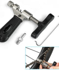 All In One Bicycle Chain Repair Kit with chain breaker tool and demonstration of chain connection on a bike wheel