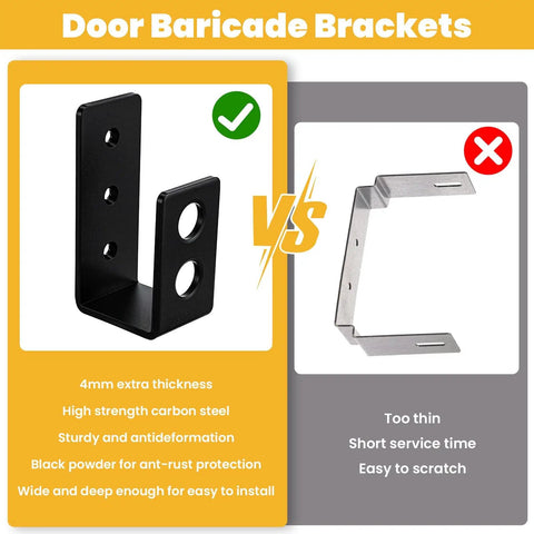 Comparison of two door barricade brackets highlighting benefits of 8 Pack Heavy Duty 2x4 Door Barricade Brackets U Shaped Wood Mount Security Bar Holders For Home Garage Barn Shed Gate Reinforcement Black Easy Install Kit over standard brackets.