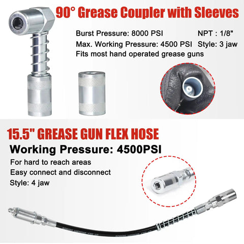 Grease Gun Tip and 9-Piece Quick Connect Coupler Kit with Pouch, angled coupler and 15.5in hose shown with connectors.