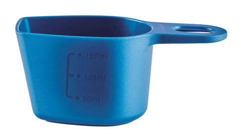 Measuring cup in blue plastic, 150ml capacity, essential for Heavy Duty Bulk Food Storage Containers With Smooth Rolling Wheels And Snap Tight Lids.