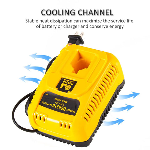 Replacement 18V XRP Battery Charger For Dewalt Tools, Powers XRP NiCad And NiMH Packs Across 7.2V To 18V, yellow charger with cooling arrows