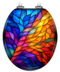 Round Colorful Stained Glass Effect Abstract Leaf Radiant Toilet Seat with vibrant leafy design in blue, orange, and purple.