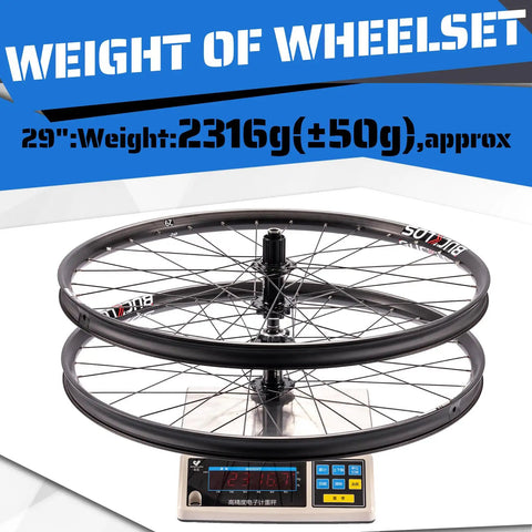 27.5 And 29 Inch Thru Axle MTB Wheelset Front 110mm 15mm Rear 148mm 12mm Disc Brake AL6061 32H on scale showing weight