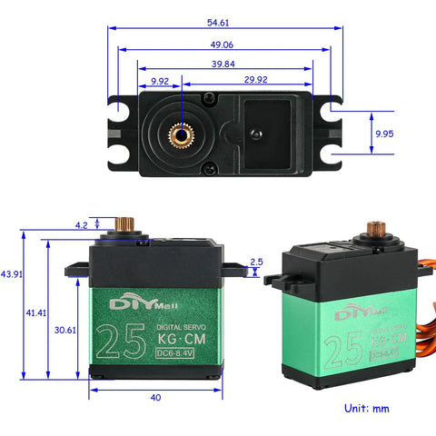 High Torque 360 Degree Continuous Rotation Metal Gear RC Servo For Robots Gimbals Cars And Aircraft 25Kgcm Digital Servo dimensions