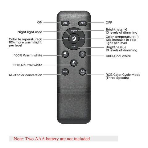 Remote control for Lit LED Deck Lights Kit 10 Pack RGBW Recessed Low Voltage In Ground Lighting with button functions labeled.