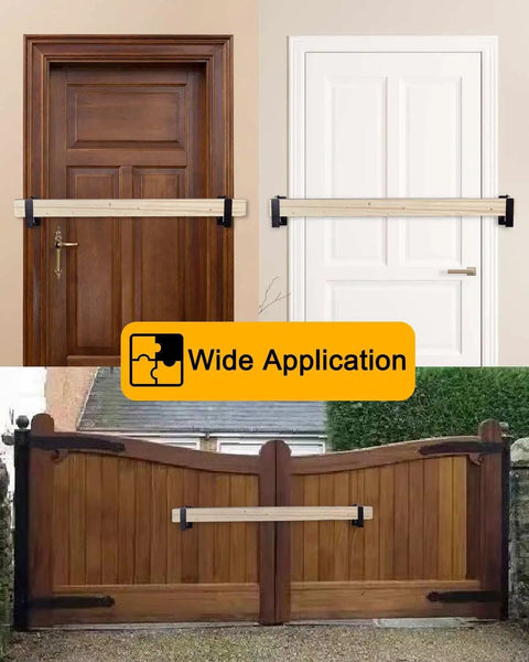 Tougher Than Nails Door Barricade Brackets Fit Standard 2X4 Lumber, shown on various doors for versatile home security.