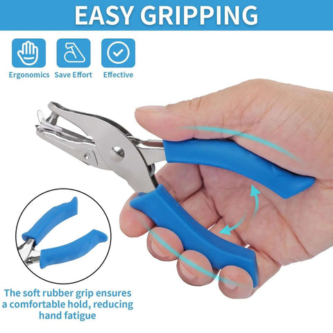 Hand holding Two Pack Hand Hole Punch Set With Soft Grip Handles For One Eighth Inch And One Quarter Inch Holes, blue grip detail