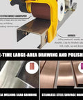 Heavy Duty Pneumatic Belt Sander With 100 Sanding Belts 360 Swivel Chuck High Torque 10000 RPM showing 60mm extra wide sandpaper and grinding guides.