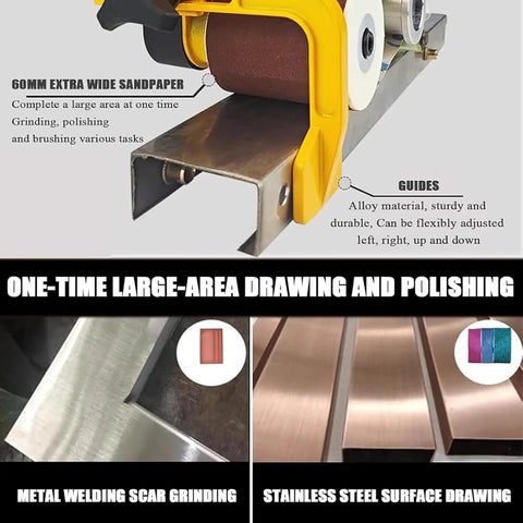 Heavy Duty Pneumatic Belt Sander With 100 Sanding Belts 360 Swivel Chuck High Torque 10000 RPM showing 60mm extra wide sandpaper and grinding guides.