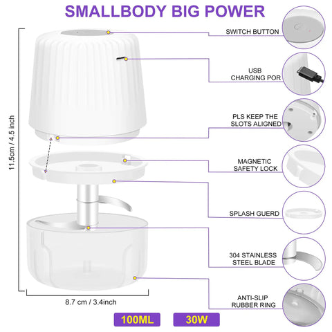 Diagram of Premium Electric Garlic Chopper 100Ml Mini Food Processor With 304 Stainless Steel Blade And Safety Lock showcasing features and dimensions.