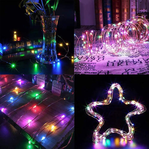 Outdoor Solar Christmas String Lights Two Pack 240 LED Copper Wire 80Ft Total Waterproof Garden Decor With 8 Modes Colorful Twinkling Lighting For Porch Deck Patio Yard No Fuss Easy Setup displayed in various decorative shapes.