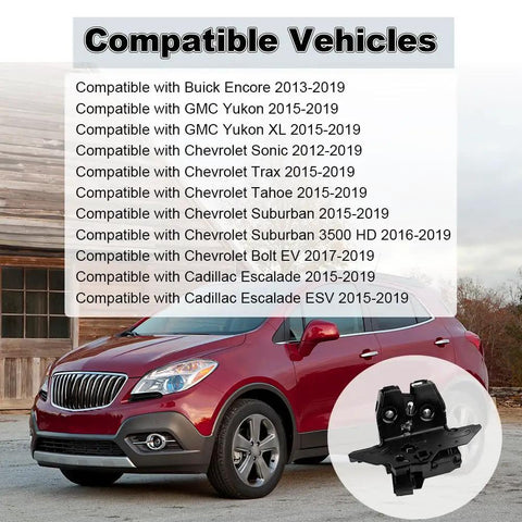 Premium Rear Liftgate Trunk Lock Latch Actuator Fits Buick Encore Cadillac Escalade Yukon with compatible vehicle list.