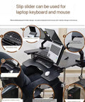 Sleek Gaming Cockpit Desk Featuring Clutch Adjustable Lift Bracket And Rollable Wheels For A Clean Computer Setup with keyboard, mouse, and laptop.