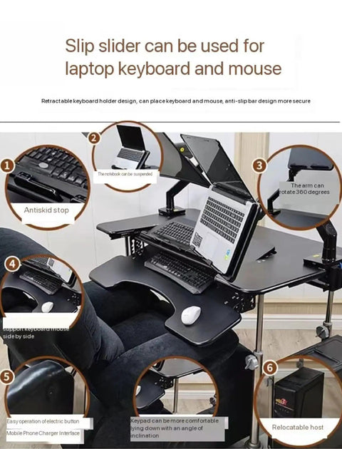 Sleek Gaming Cockpit Desk Featuring Clutch Adjustable Lift Bracket And Rollable Wheels For A Clean Computer Setup with keyboard, mouse, and laptop.
