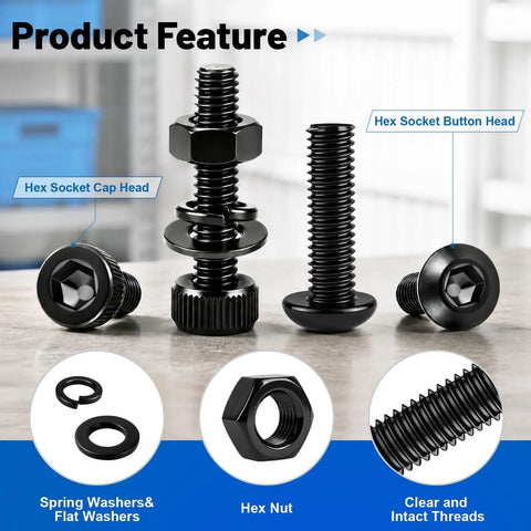 The Whole Shebang M3 Hex Socket Screw And Cap Head Bolt Assortment Kit With Matching Nuts And Washers 3400 Piece Metric Fastener Bundle showing hex socket bolts and nuts