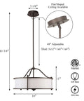 Dark Bronze 18 Inch 3 Light Drum Pendant With Fabric Shade And Glass Diffuser Convertible Drum Chandelier dimensions