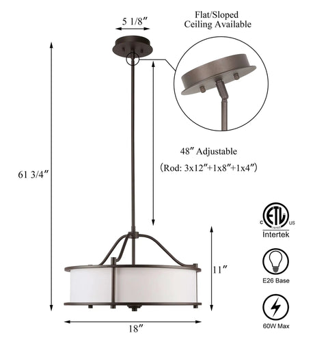 Dark Bronze 18 Inch 3 Light Drum Pendant With Fabric Shade And Glass Diffuser Convertible Drum Chandelier dimensions