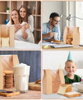 Collage of Large Kraft Paper Bread Bags With Window 13.7 Inch By 8.2 Inch By 3.5 Inch 30 Pack For Sourdough And Homemade Breads Pastries Cookies Bakery Style Packaging And Storage Great For Breakfast And Lunch, showing various uses such as storing cookies and sitting on a table with pastries and milk.