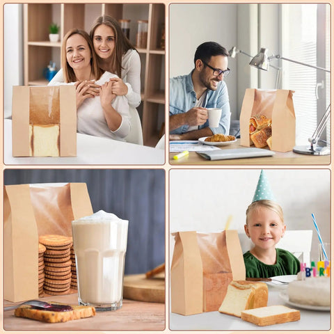 Collage of Large Kraft Paper Bread Bags With Window 13.7 Inch By 8.2 Inch By 3.5 Inch 30 Pack For Sourdough And Homemade Breads Pastries Cookies Bakery Style Packaging And Storage Great For Breakfast And Lunch, showing various uses such as storing cookies and sitting on a table with pastries and milk.