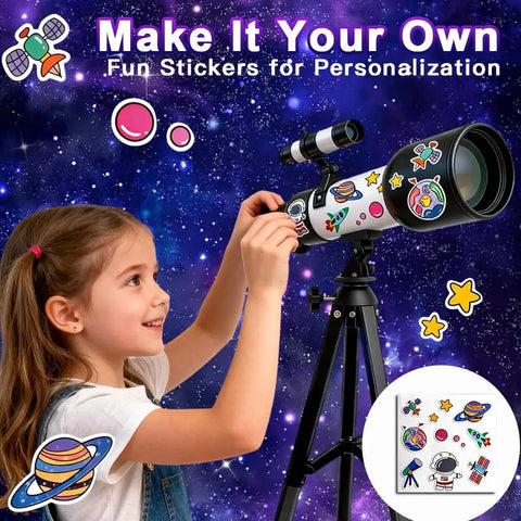 Girl decorating Totally Kid Friendly 60mm Telescope With 18x To 90x Magnification, Sturdy Tripod, Two Eyepieces And Finder Scope.