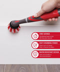 Kick Serious Grime With This Cordless Power Scrubber Kit An Oscillating Cleaning Rig in action on baseboards with a red and black hand scrubber.