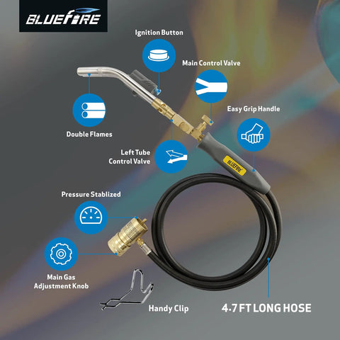 Double Heads Swirl Flame Turbo Torch With Self Ignition And 5 Foot Hose, Trigger Start Pro Grade Propane MAPP Gas Welding Torch, diagram.
