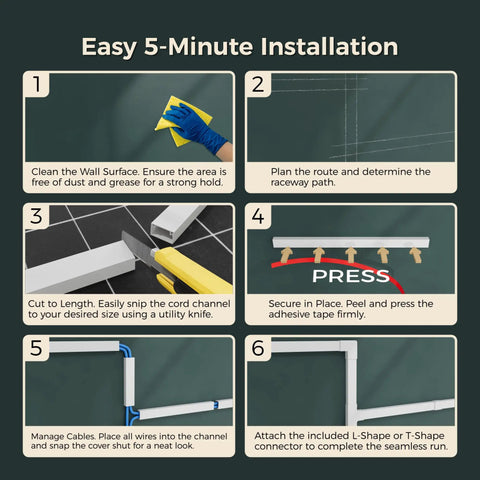 Step-by-step guide for installing Cord Hider Kit With 113 Inch Cable Covers For Wires On The Wall, Paintable Self Adhesive Cable Raceway, White.
