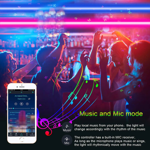 50ft RGB LED Strip Lights With Music Sync And Bluetooth App Control in music and mic mode, people dancing in colorful lights 15 meter