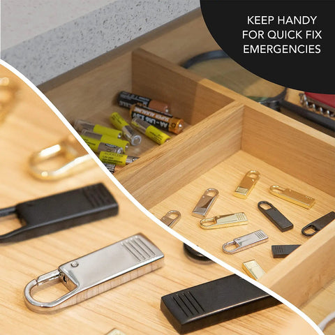 4 Pack Heavy Duty Zipper Pulls Replacement Clips Clip On Tabs Silver displayed in a drawer with batteries, various colors visible