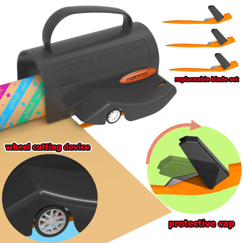 Smooth As Butter Rotary Wrapping Paper Cutter With Three Quick Swap Blades For Dead Simple Gift Roll Slicing And Straight Fire Holiday Craft Supplies Pro Grade Desktop Stationery Tool with wheel cutting device and blade cap.