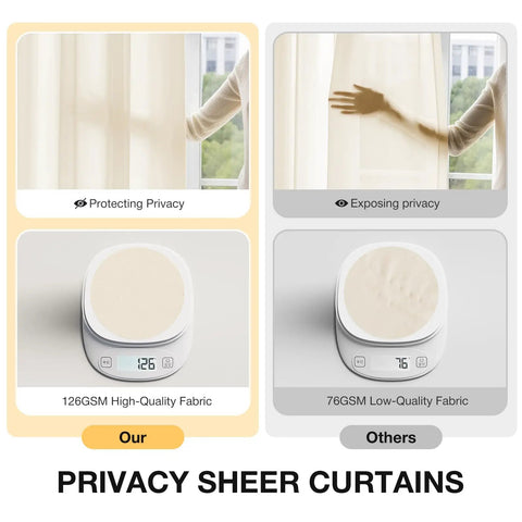 Comparison of beige semi sheer privacy curtains, 126GSM versus 76GSM fabric, showing light filtering and privacy levels.