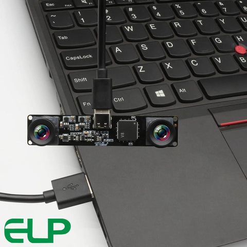 Ace Dual Lens Monochrome USB Camera Module Blitzing Global Shutter 210FPS 3D Stereo Vision Kit connected to a laptop.