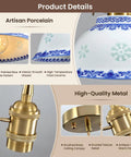 Ceramic Blue and White Pendant Light, Porcelain Light Fixture Kitchen Island with artisan porcelain design and brushed brass canopy.