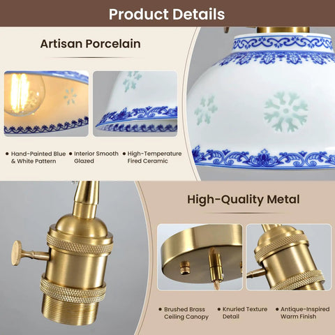 Ceramic Blue and White Pendant Light, Porcelain Light Fixture Kitchen Island with artisan porcelain design and brushed brass canopy.
