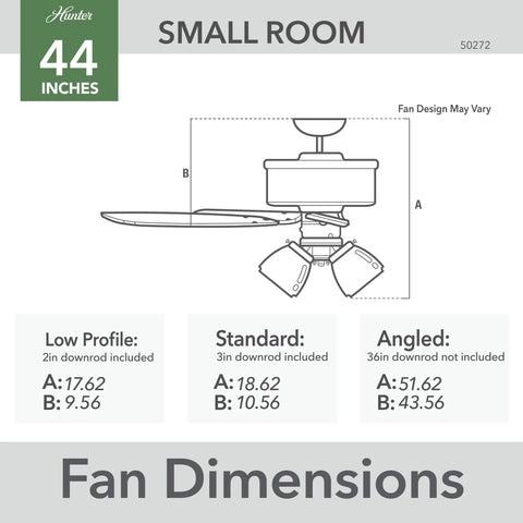 Diagram of Donegan 44 Inch Ceiling Fan In Noble Bronze Finish dimensions for low, standard, and angled profiles with measurements.