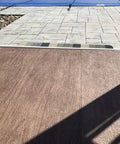 Outdoor Vinyl Flooring Roll in Brown Oak Wood Look, 6 Ft by 12 Ft, 72 Sq Ft, Waterproof All Weather Floor Covering installed outdoors
