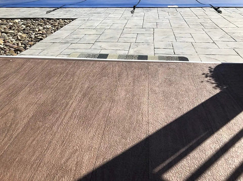 Outdoor Vinyl Flooring Roll in Brown Oak Wood Look, 6 Ft by 12 Ft, 72 Sq Ft, Waterproof All Weather Floor Covering installed outdoors