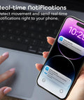 Person holding smartphone showing motion detection alerts from 1080P Security Camera With 24 Seven Live Streaming And Pan Tilt Zoom