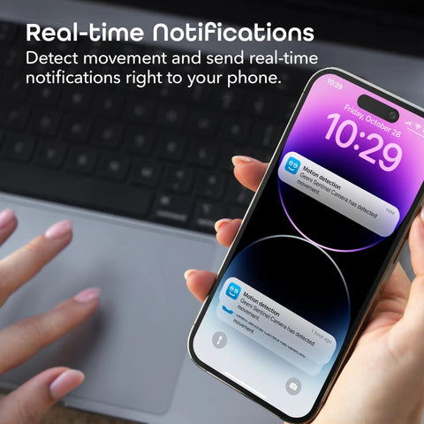 Person holding smartphone showing motion detection alerts from 1080P Security Camera With 24 Seven Live Streaming And Pan Tilt Zoom