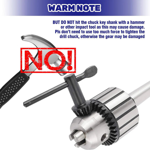 Dude, Check This Out! Premium Universal 8 Piece Drill Chuck Key Wrench Set with warning against hitting the chuck key.