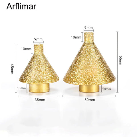 Slick Diamond Beveling Chamfer Bits For Angle Grinders And Electric Drills With Built In Cooling Wax For Dry Tile Ceramic Countersinking Two Pack M10 Adapter Zero Water Hassle Smooth Precision Cutting, showing two conical bits.