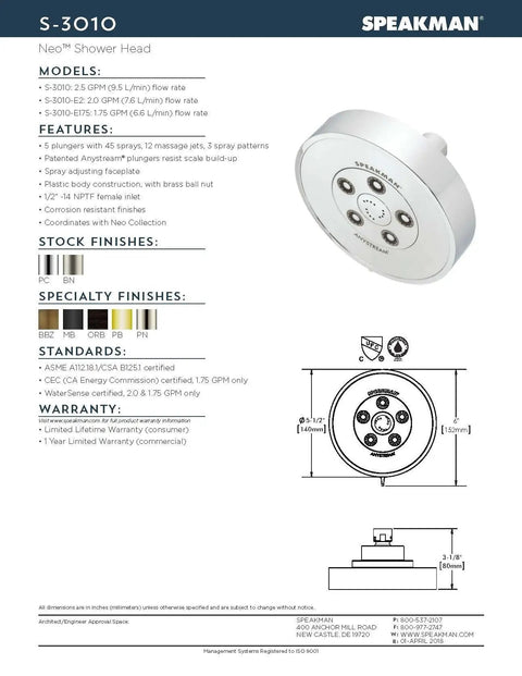 Diagram and specifications of Neo Anystream 3 In 1 Shower Head With Self Cleaning Plungers Brushed Nickel Finish 2.5 GPM