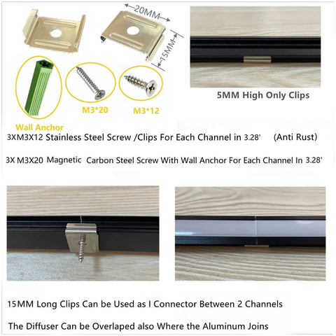 Components of 10 Pack 3.3ft LED Aluminum Channel Diffuser Kit With Milky Cover For Under Cabinet Lighting Shelves And Alcoves In Matte Black Anodized Track, including screws and clips.