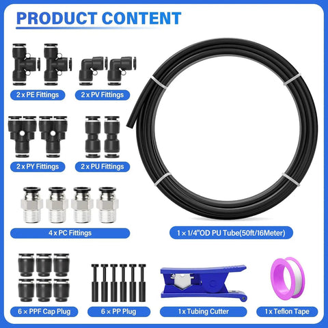 One Quarter Inch PU Air Tubing Kit With Sixteen Meter Length Fifty Feet Includes Push To Connect Fittings Pneumatic Tubing Set
