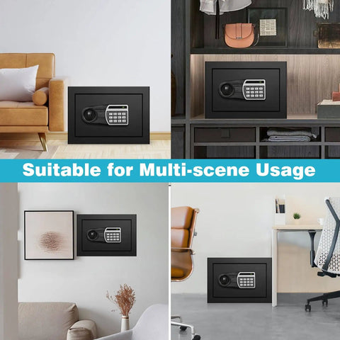 1.6 Cuft Home Safe Box With Fireproof Waterproof Bag Anti Theft Digital Keypad Smart Alert System Spare Keys Removable Shelf LED Light Perfect For Docs Jewelry Laptops And Meds shown in various home settings.