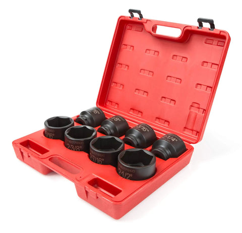 3/4 Inch Drive Shallow 6 Point Impact Socket Set With Case 8 Piece From 2 1/16 To 2 1/2 Inches in red case with laser etched sizes